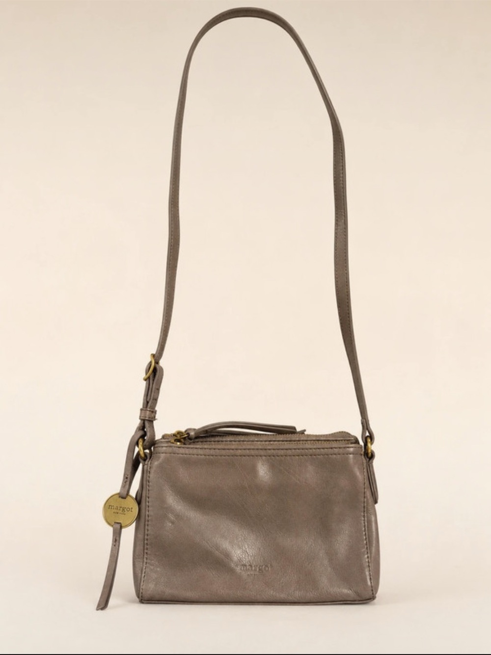 Margot New York Taupe Genuine Leather Triple Zip Crossbody Bag